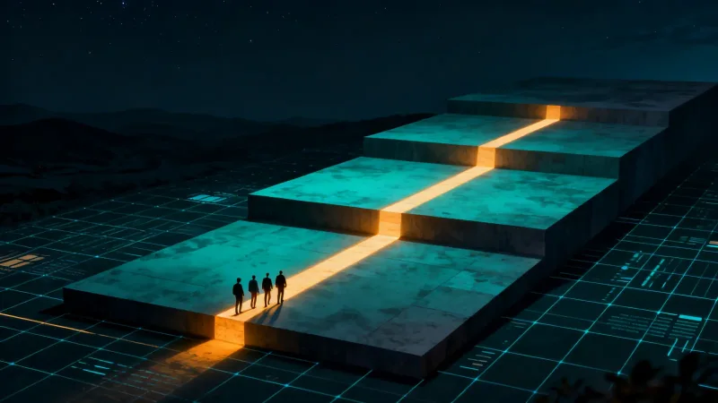 A small team following an illuminated path across three stages of progress