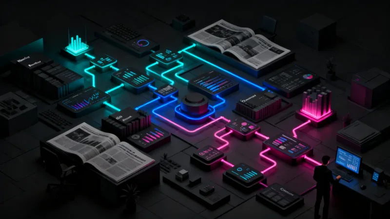 Connected business workflows represented as illuminated paths across a dark command center