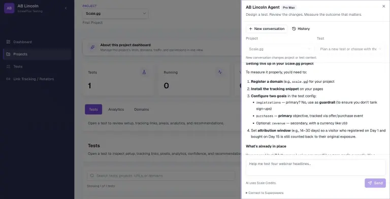 AB Lincoln Agent side panel showing a saved conversation that explains how to set up a funnel-goal test: register a domain, install the snippet, configure registration and purchase goals, and set an attribution window