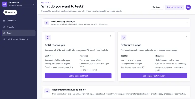 AB Lincoln Create test chooser comparing Split test pages and Optimize a page, each with Best for and Requires lists and a setup button