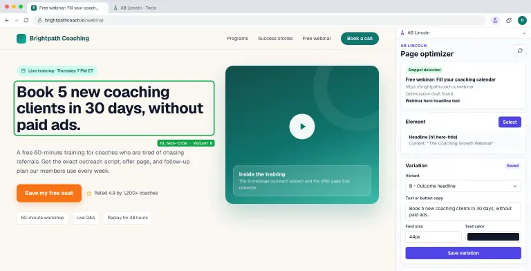 AB Lincoln Chrome extension side panel beside a live webinar landing page: snippet detected, the headline element selected and outlined, and a Variant B outcome headline saved as a variation