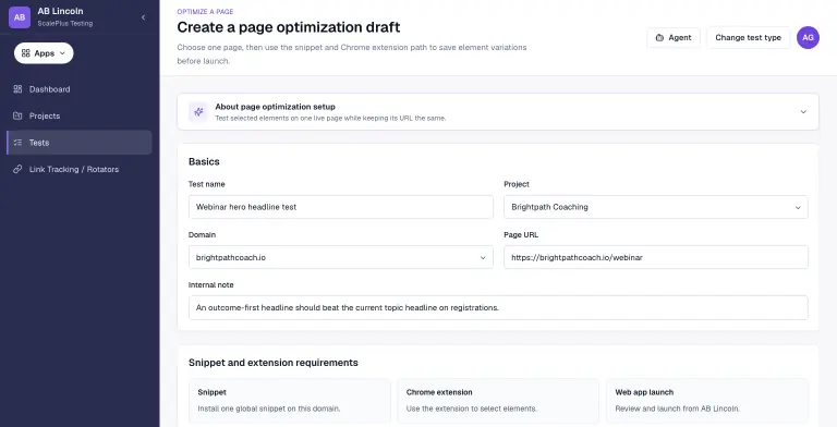 AB Lincoln page optimization draft with a webinar headline test filled in: project, domain, page URL and hypothesis, followed by the snippet and Chrome extension requirements