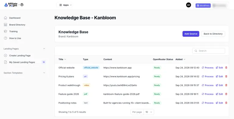 Knowledge Base for the Kanbloom brand listing five sources, one of each type (official website, website URL, YouTube video, PDF feature guide and raw text notes), all marked Ready, with Process, Edit and delete actions