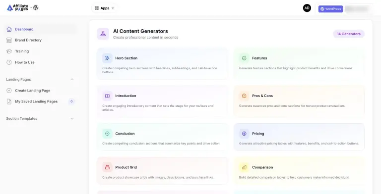 AffiliatePages dashboard AI Content Generators panel with a 14 Generators badge and cards for Hero Section, Features, Introduction, Pros & Cons, Conclusion, Pricing, Product Grid and Comparison