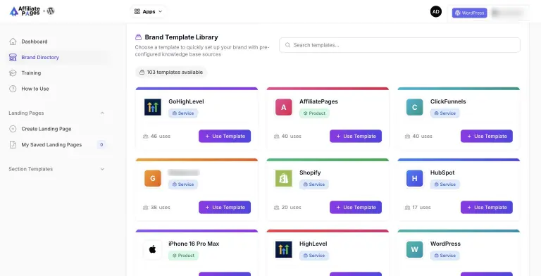 Brand Template Library tab listing 103 pre-configured brand templates such as GoHighLevel, AffiliatePages, ClickFunnels, Shopify, HubSpot, iPhone 16 Pro Max, HighLevel and WordPress, each with a type badge, usage count and Use Template button
