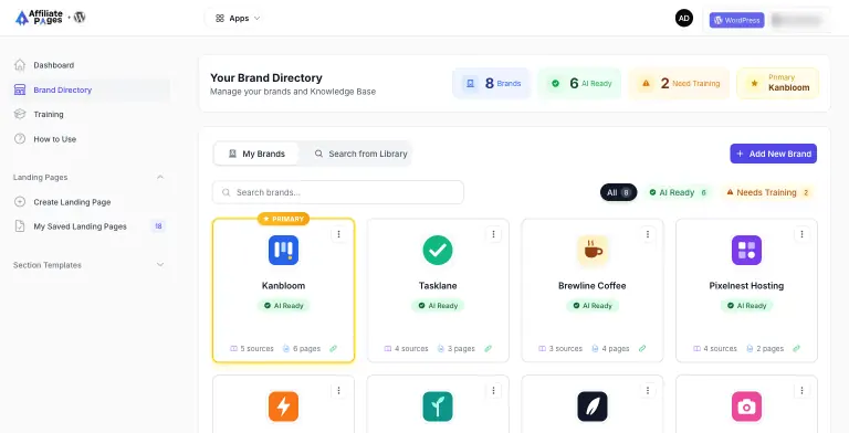 Your Brand Directory with stats for 8 brands, 6 AI Ready, 2 Need Training and primary brand Kanbloom, All / AI Ready / Needs Training filter pills, and a grid of brand cards with logos, AI Ready or Train AI badges, source counts and page counts