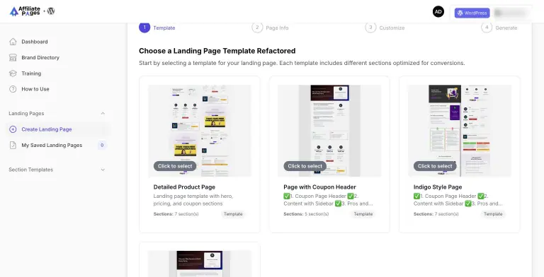 AffiliatePages landing page wizard on step 1 of 4 (Template, Page Info, Customize, Generate) showing template cards for Detailed Product Page, Page with Coupon Header, and Indigo Style Page with full-page thumbnails and section counts