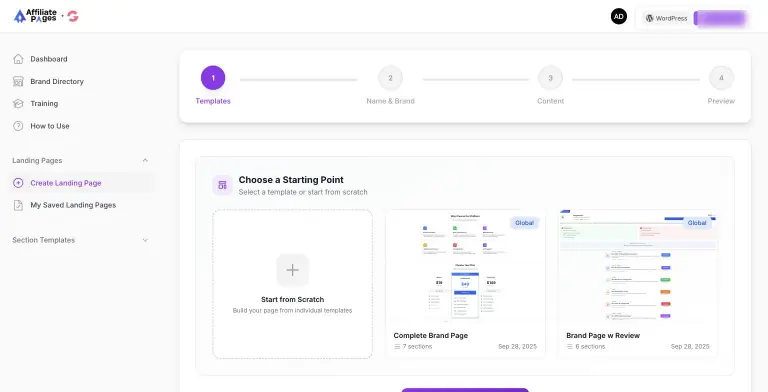 Landing page builder on step 1 of 4 (Templates, Name & Brand, Content, Preview) with Start from Scratch plus Complete Brand Page (7 sections) and Brand Page w Review (6 sections) global templates