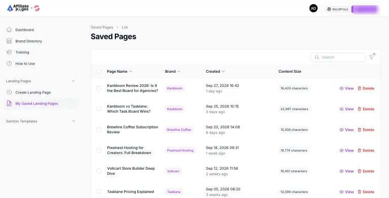 Saved Pages table listing reviews and comparison pages across several brands, including Kanbloom, Brewline Coffee, Pixelnest Hosting, Voltcart and Tasklane, each with a brand tag, created date, content size, and View and Delete actions