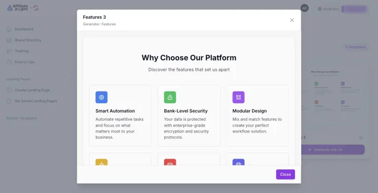 Template preview modal for Features 3 showing a Why Choose Our Platform section with feature cards for Smart Automation, Bank-Level Security and Modular Design