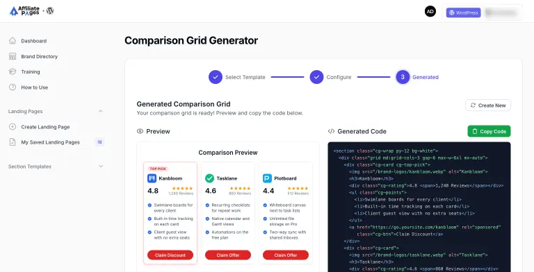 Comparison Grid Generator on step 3, Generated, showing a live preview of three trained brands side by side (Kanbloom marked Top Pick at 4.8 stars, Tasklane 4.6, Plotboard 4.4) with matching bullet points and Claim buttons, next to the generated HTML code and a Copy Code button