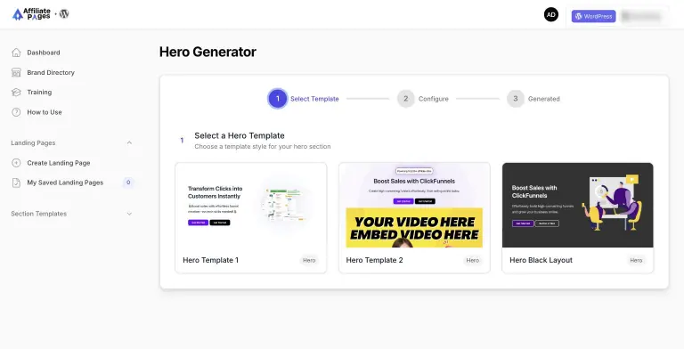 Hero Generator step 1 of 3 showing three hero templates: Hero Template 1, Hero Template 2 with a video embed placeholder, and Hero Black Layout