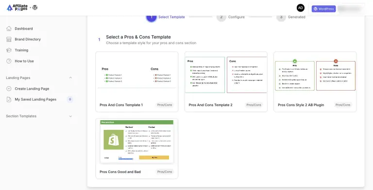 Pros & Cons Generator template gallery with four styles including two-column green and red layouts and a Good and Bad layout with a Shopify logo, rating and Buy Now button