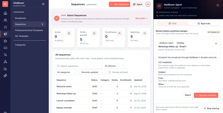 A pending MailBaser proposal showing 212 recipients, subject, sender, and send time, with Reject and Approve schedule buttons