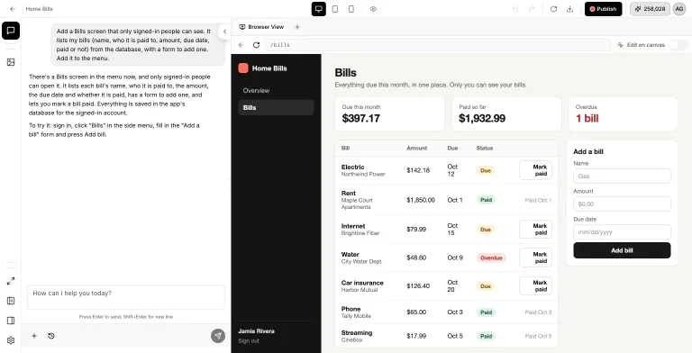 AppBuilder editor with a chat request for a Bills screen and the assistant's answer on the left, and the running Home Bills app on the right showing the Bills screen with three totals, a table of seven bills, and an Add a bill form