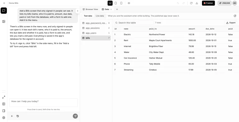 Data tab with a Test data and Live data switch, a list of four tables, and the seven rows of the bills table with a search box and an Export button