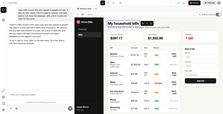 Home Bills app in Browser View with Edit on canvas switched on and the heading 'My household bills' selected, with pencil, lightning bolt, and bin controls beside it