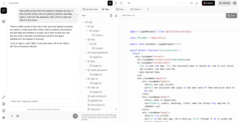 Files tab with the app's file tree on the left, including bills, sign-in, and sign-up folders, and app/page.tsx open in the code editor with a Save button
