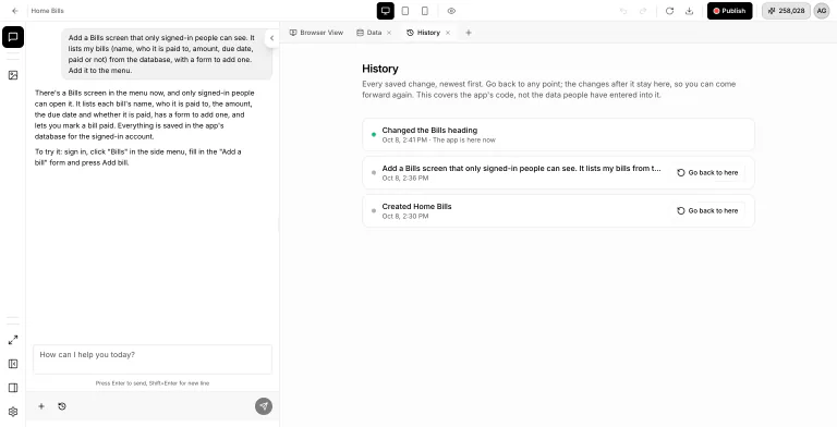 History tab listing three saved changes, newest first: 'Changed the Bills heading' marked 'The app is here now', then two earlier changes that each have a Go back to here button
