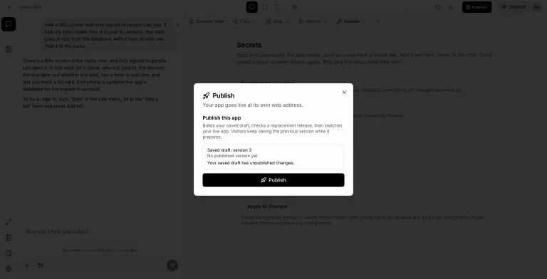 Publish window over the dimmed editor reading 'Your app goes live at its own web address', showing saved draft version 3, no published version yet, and a Publish button