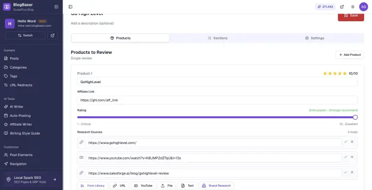 BlogBaser Edit Affiliate Campaign for GoHighLevel showing a 10/10 five-star rating slider set to Enthusiastic, an affiliate link field and three ready research sources, with Products, Sections and Settings tabs