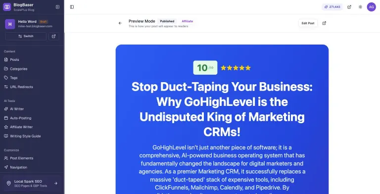 BlogBaser post Preview Mode for a published affiliate review with a blue hero card showing a 10/10 score, five stars and the headline 'Stop Duct-Taping Your Business: Why GoHighLevel is the Undisputed King of Marketing CRMs!'