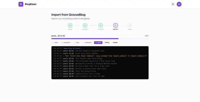 BlogBaser blog import wizard at the Import step with Mode, Connect and Options complete, a progress bar at 69% (posts 29 of 42), phase badges for blog, categories, tags and navigation done, and a live log listing imported posts and a slug-rename warning