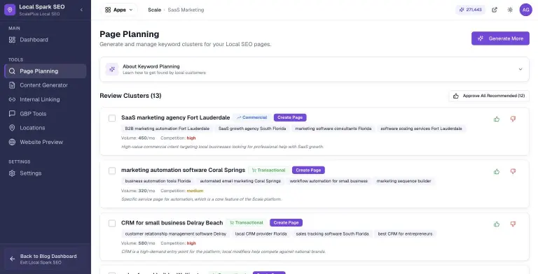 Local Spark SEO Page Planning showing 13 review clusters such as 'SaaS marketing agency Fort Lauderdale' and 'CRM for small business Delray Beach', each with intent badges, related keywords, monthly volume, competition level and a Create Page button
