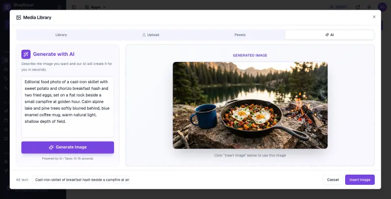 BlogBaser Media Library dialog on the AI tab with a detailed prompt for a campfire breakfast skillet and the finished AI-generated image of a cast-iron skillet with eggs and hash beside a campfire at an alpine lake, with alt text filled in and an Insert Image button