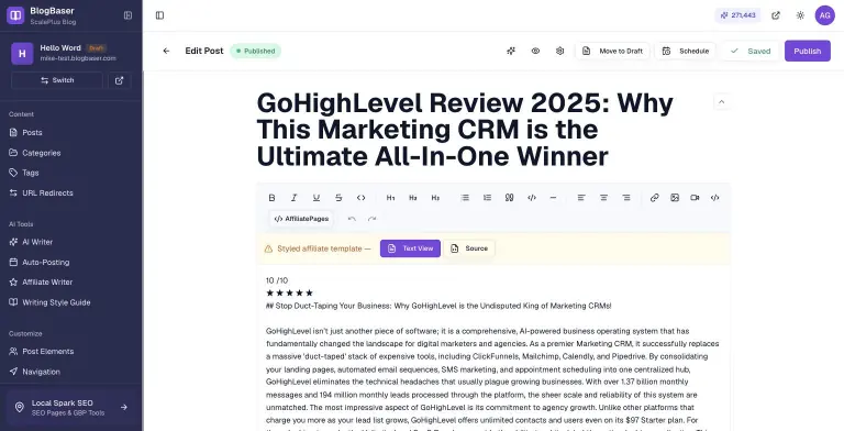BlogBaser Edit Post screen for 'GoHighLevel Review 2025' with a rich-text toolbar, AffiliatePages embed button, Text View and Source toggles, and Move to Draft, Schedule, Saved and Publish actions