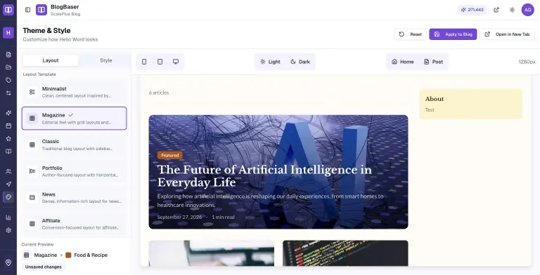 BlogBaser Theme & Style page with layout templates (Minimalist, Magazine, Classic, Portfolio, News, Affiliate) and a live desktop preview of the Magazine layout featuring 'The Future of Artificial Intelligence in Everyday Life'
