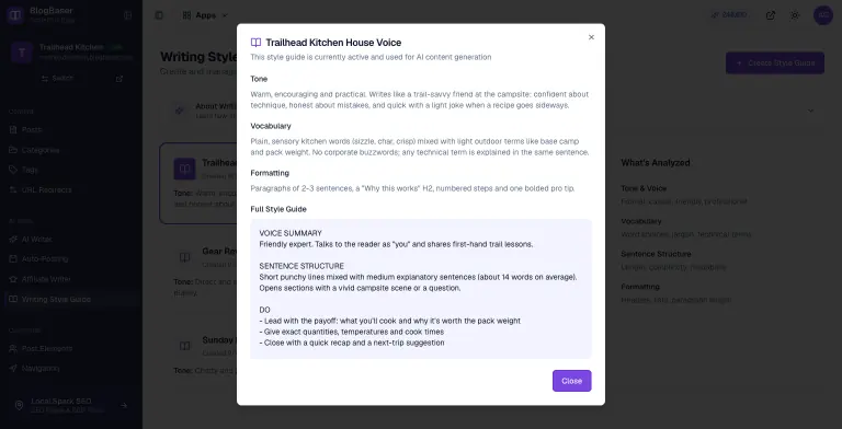 BlogBaser Writing Style Guides page with the active 'Trailhead Kitchen House Voice' guide open, showing the Tone, Vocabulary and Formatting the AI learned plus the full style guide with voice summary, sentence structure and do/don't rules