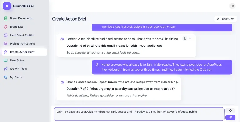 BrandBaser Create Action Brief chat mid-way through an Email brief for a fictional coffee roaster: the assistant asks Question 6 of 9 about the target reader, the user describes repeat home-brew buyers, the assistant asks Question 7 of 9 about urgency, and the user is typing an early-access deadline answer next to the microphone and send buttons.