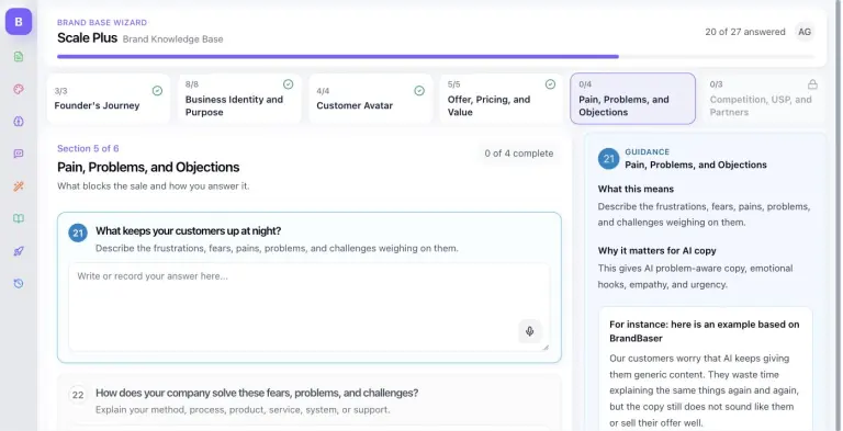 BrandBaser Brand Base Wizard for Scale.gg showing 20 of 27 answered, a progress bar, six section tiles with completion counts, question 21 'What keeps your customers up at night?' with a microphone button, and a Guidance panel explaining what the question means and why it matters for AI copy.