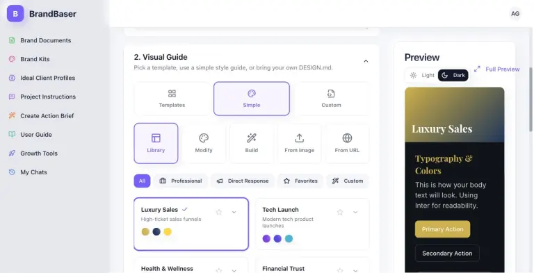 Edit Brand Kit screen for The Agentic Marketing Mastermind showing the Visual Guide in Simple mode with Library, Modify, Build, From Image and From URL options, theme cards like Luxury Sales and Tech Launch, and a live dark-mode Preview panel.