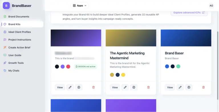 Brand Kits library with cards for The Agentic Marketing Mastermind and Brand Baser, each with a gradient banner, color swatches, and a DESIGN.md active badge.