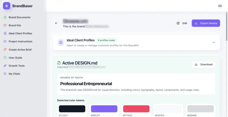 Brand Kit view for a sample brand showing 8 Ideal Client Profiles ready, an Active DESIGN.md imported from a DESIGN.md file with the 'Professional Entrepreneurial' source of truth, and detected color tokens.
