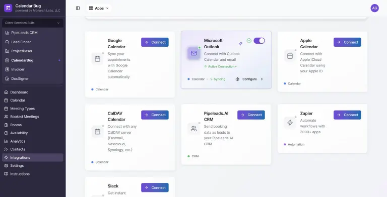 Integrations page with Google Calendar, Microsoft Outlook (connected and syncing), Apple Calendar, CalDAV, Pipeleads.AI CRM and Zapier cards
