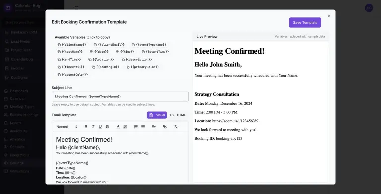 Edit Booking Confirmation Template modal with clickable merge variables, subject line 'Meeting Confirmed: {{eventTypeName}}', rich-text editor and a live preview addressed to John Smith