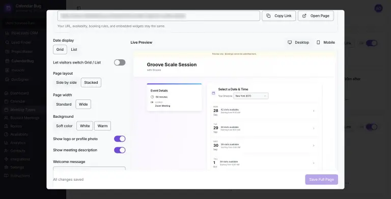 Booking Links & Widgets modal on the Full Page tab with the shareable booking link, layout, width, background and logo toggles beside a live desktop preview of the booking page