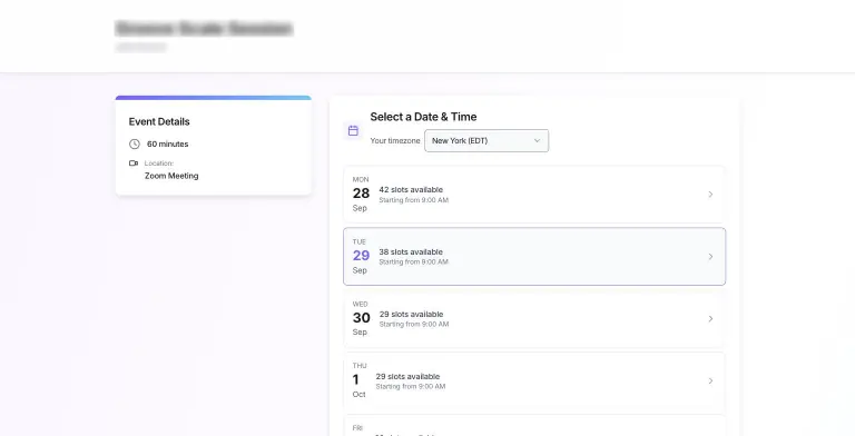 CalendarBug public booking page for a strategy session showing a 60-minute Zoom event card and a list of upcoming days with 42, 38 and 29 open slots in New York time