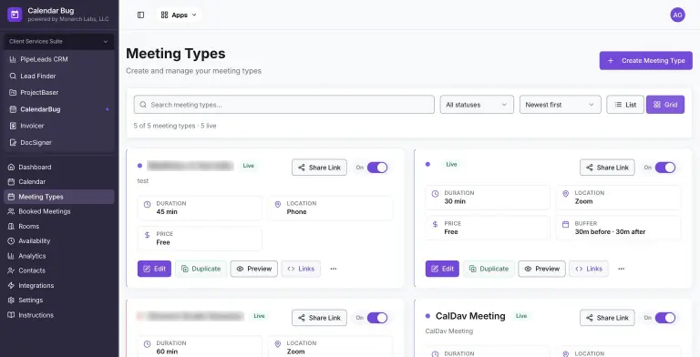 Meeting Types page in grid view showing live meeting cards with duration, location (Phone, Zoom), price, buffer times, on/off toggles and Edit, Duplicate, Preview and Links actions