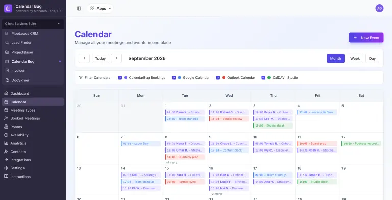 CalendarBug month view for September 2026 with color-coded CalendarBug bookings alongside Google, Outlook and CalDAV events, and Filter Calendars checkboxes for each source