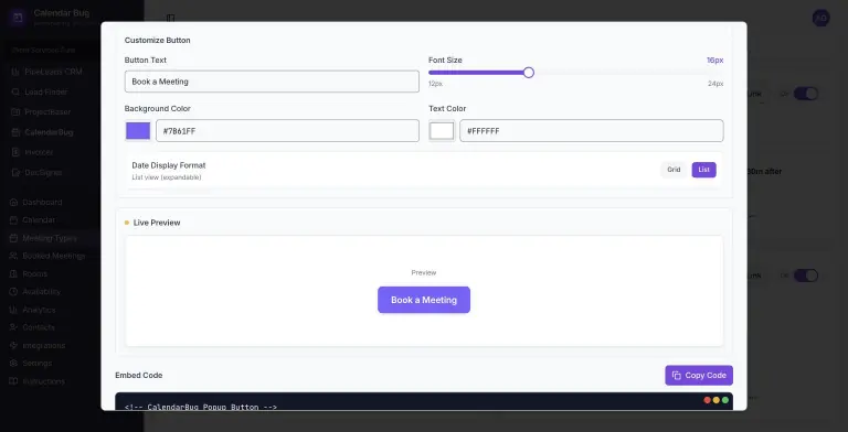 Popup Button widget settings with button text 'Book a Meeting', purple background color, font size slider, live button preview and embed code