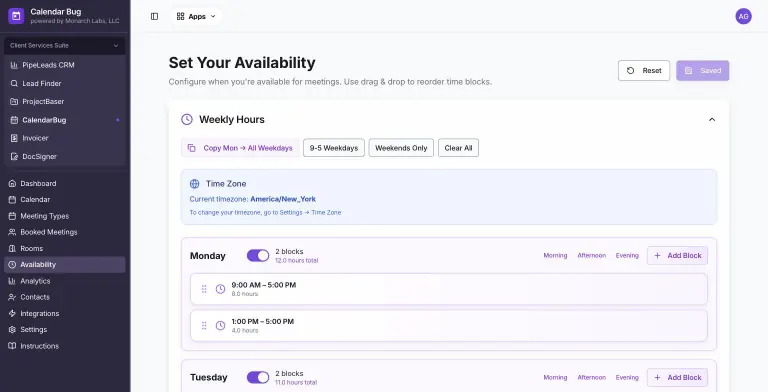 Set Your Availability page showing Weekly Hours presets, America/New_York time zone and Monday with two time blocks totaling 12 hours