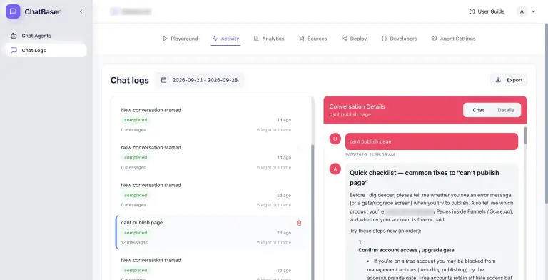 ChatBaser chat logs split view: conversation list on the left with a selected 'cant publish page' thread (12 messages), and the full transcript on the right where the agent replies with a step-by-step checklist