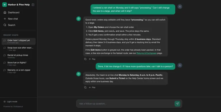 ChatBaser public Help Center portal in dark mode for a fictional outdoor store, with recent chats in the sidebar and an answered conversation: step-by-step instructions to change an order size, shipping timing, a link to the returns page, and a follow-up answer with live support hours and how to submit a ticket
