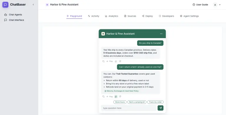 ChatBaser Playground with a branded green chat widget for a fictional outdoor store: the agent answers a Canada shipping question with delivery time and free-shipping threshold, then answers a used-tent return question with a 60-day policy and a cited source page, with copy, play, and thumbs up or down actions and suggested message chips
