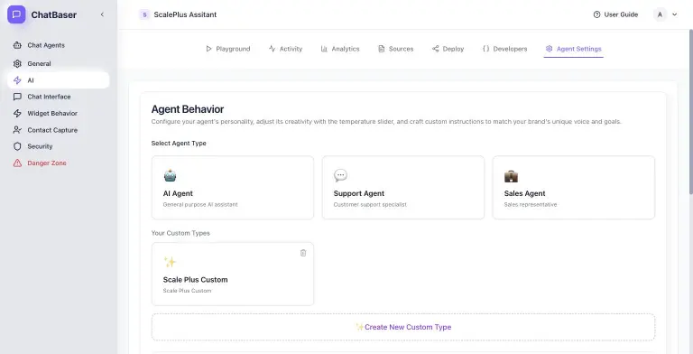 ChatBaser Agent Behavior settings with agent type cards (AI Agent, Support Agent, Sales Agent), a custom type 'Scale Plus Custom', and a Create New Custom Type button