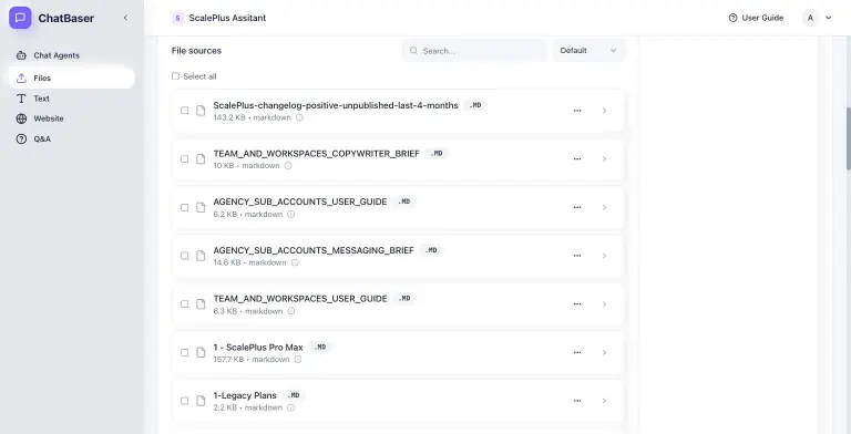 ChatBaser file sources list for the Scale.gg Assistant with markdown knowledge files such as user guides, briefs, and plan documents, each showing size and type